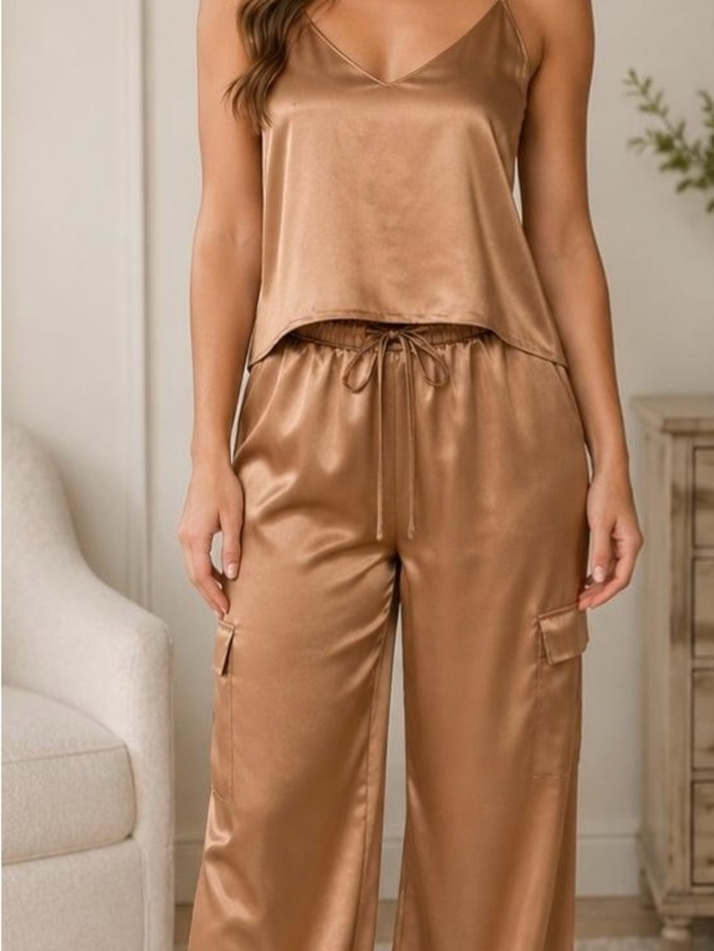 Nicole Miller Satin Copper Brown Pajama Set